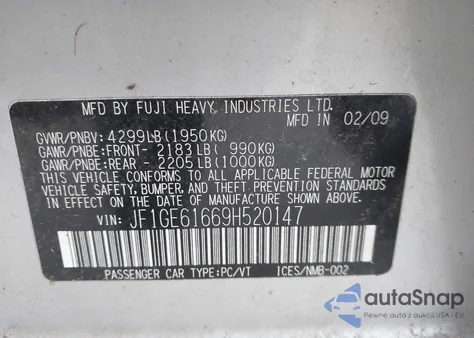 2009 Subaru Impreza 2.5I из США, поврежденный, VIN JF1GE61669H520147